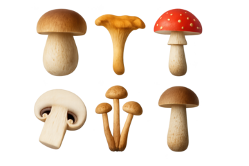 Six wooden mushrooms of various shapes and colors arranged on transparent background