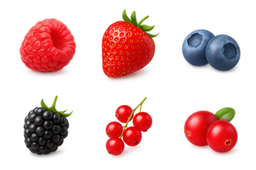 Assorted fresh berries: raspberry, strawberry, blueberries, blackberry, red currants, and cherries
