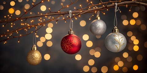 Golden Christmas lights with red and silver baubles on a dark blurred background. Elegant festive composition ideal for seasonal banners, greeting cards, and design templates.