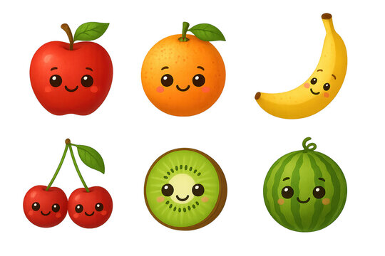 Group of cute, glossy fruits with smiling faces: apple, orange, banana, cherries, kiwi, watermelon