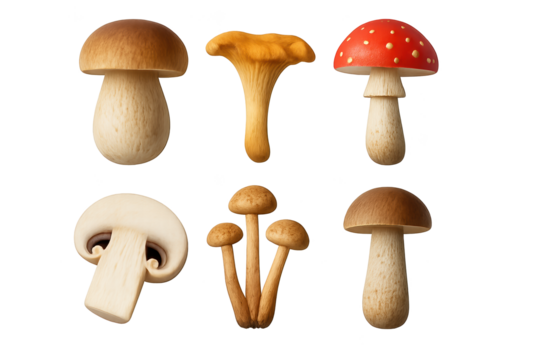 Six wooden mushrooms of various shapes and colors arranged on transparent background