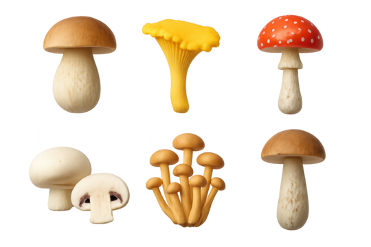 Assorted edible mushrooms: chanterelle, porcini, button, white, fly agaric, and brown-capped cluster mushrooms