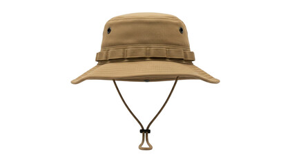 A beige canvas bucket hat with a wide brim and chin strap isolated on transparent background