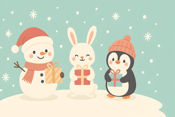 A cheerful christmas scene featuring a snowman, a rabbit, and a penguin holding gifts in a snowy setting, christmas