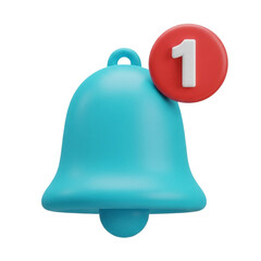 Bright blue notification bell icon with a red circle and number one badge isolated on transparent background