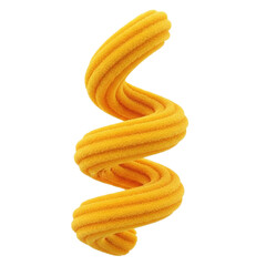 A single golden yellow spiral pasta fusilli corti bucati with ribbed texture isolated on transparent background