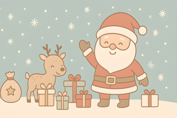 A delightful christmas scene featuring santa claus, a reindeer, and gifts in a snowy landscape, christmas
