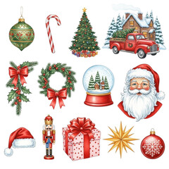 Collection of festive christmas holiday decorations including santa claus snow globe presents ornaments and a truck isolated on transparent background