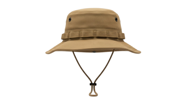 A beige canvas bucket hat with a wide brim and chin strap isolated on transparent background