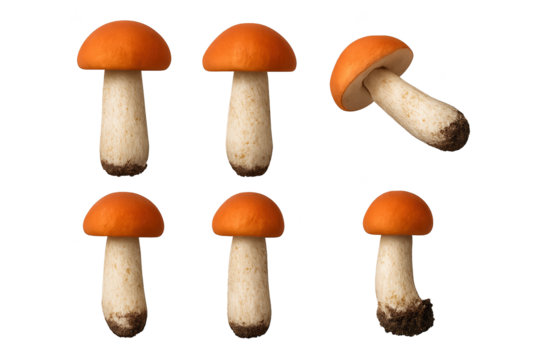 Six orange-capped mushrooms with pale stalks on transparent background