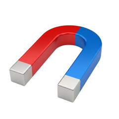 A realistic 3d rendering of a red and blue horseshoe magnet isolated on transparent background