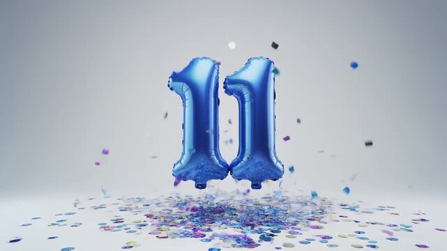 Blue balloon number 11 for birthday or anniversary party. White background with falling confetti