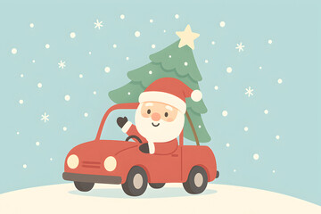 Santa claus driving a red car with a christmas tree on a snowy day with snowflakes falling around him, christmas