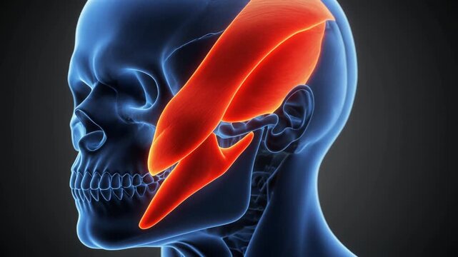 Human Skull Anatomy Masseter Muscle Highlighted in Red on Transparent Blue Skull