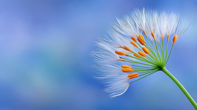 Detailed Macro Shot Of A Dandelion Seed Head With White Wisps And Orange Centers Against A Soft Blurred Blue Background