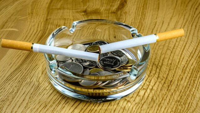 Breaking a costly habit A broken cigarette over accumulated coins, symbolizing financial and health rewards of quitting for a healthier lifestyle
