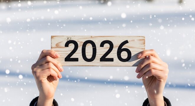 2026 Wooden Block Winter Snow Hands Holding New Year Outdoors