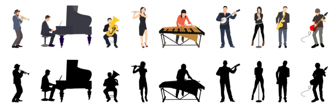 musicians playing different instruments with silhouette vector illustration