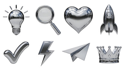 Collection of eight shiny metallic 3d rendered icons including a lightbulb magnifying glass heart rocket checkmark lightning bolt paper airplane and crown isolated on transparent background