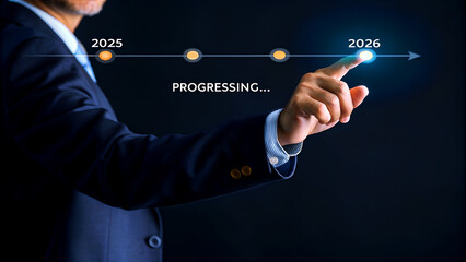 Confidently leading future growth, businessman touches timeline advancing towards 2026 goals with digital projection