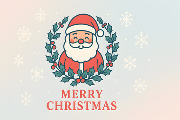 Merry christmas card with santa claus in a wreath of holly and snowflakes on a gradient background, christmas