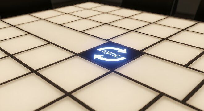 Illuminated blue diamond shape with circular arrows symbol glowing on a white tiled floor with dark grout lines