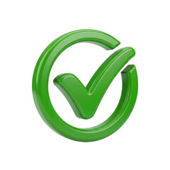 Glossy green check mark symbol inside a circular outline isolated on transparent background