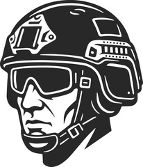 Icon of a soldier's head in a modern ballistic helmet with ear protection and headphones, protective glasses, military icon in the form of a logo silhouette in black color.