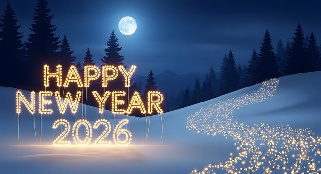 Happy new year 2026 illuminated text in a snowy forest under a full moon