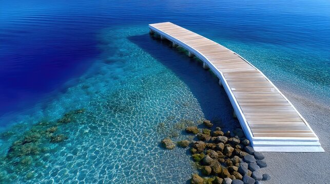 Overhead View of a Curved Wooden Pier Extending into Crystal Clear Blue Ocean Water with Rocky Shoreline and Visible Coral Reef Beneath the Surface on a Sunny Day