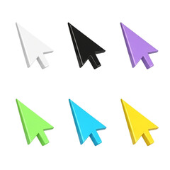 Collection of six vibrant 3d computer mouse cursors in different colors isolated on transparent background
