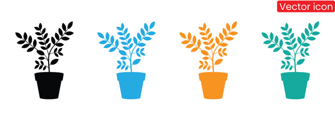 Lovely potted plant icons in black blue orange and green for your designs,Growing Plant Icon Black and White Vector Graphic