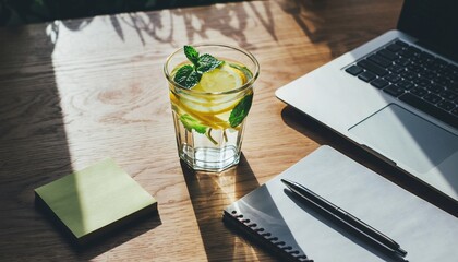 Refreshing lemon mint water by laptop and notebook creates a vibrant workspace ambiance for productive afternoons