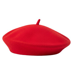 A vibrant red beret hat with a small tab on top presented as a single isolated object on a transparent background isolated on transparent background