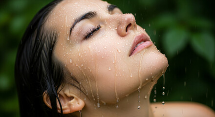 Naklejka premium An extreme close-up captures a woman's face and shoulders, her head tilted back as she experiences the rain. Numerous water droplets cling to her skin, eyelashes, and stream down her cheeks,