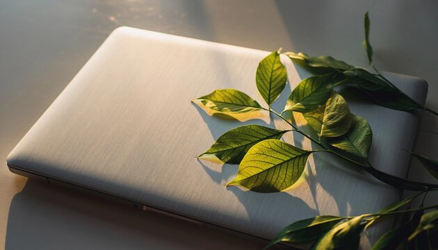 Sustainable workspace showcasing laptop with vibrant green leaves, embodying eco-conscious business and nature-inspired technology in a modern setting