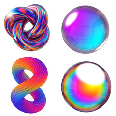 Abstract colorful swirling torus knot and iridescent sphere shapes geometric forms digital art isolated on transparent background