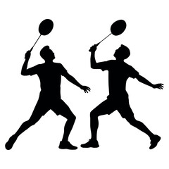 Two Badminton Players Rackets Silhouette Vector style white background