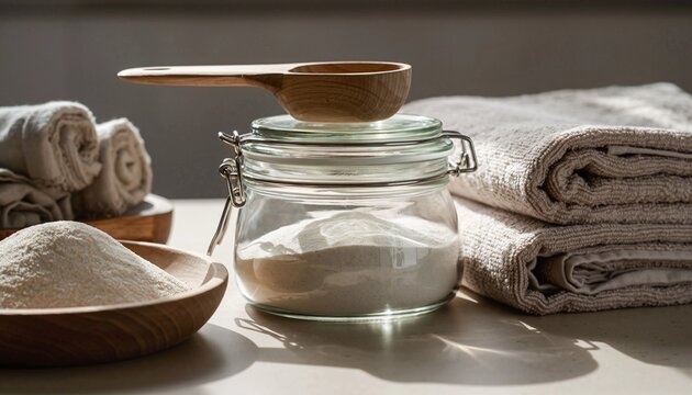 Cozy home spa day scene with natural bath salts, soft towels, and wooden scoop for a relaxing self care ritual in warm, inviting light - Powered by Adobe