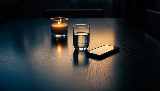 Evening wind-down with candlelight, water, and phone on dark wood table, creating a peaceful and reflective atmosphere for lifestyle and wellness content