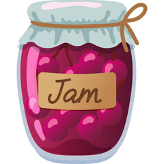 Homemade cherry jam in a clear glass jar tied with twine on a transparent background