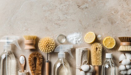 Eco-friendly cleaning products arranged on neutral surface for sustainable living promotion, showcasing natural alternatives for conscious consumers
