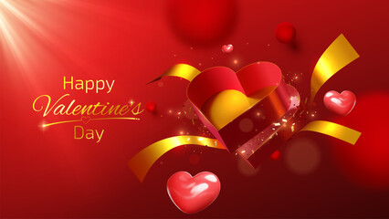 Heart shaped gift box with gold ribbon, red ball, glitter light effect decoration. Luxury background design concept for Happy Valentine's Day.