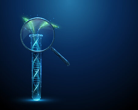 Green plant leaves growing from a blue 3D DNA helix in a test tube under magnifying glass. Plant genetics, molecular biology, sustainable agriculture concept.