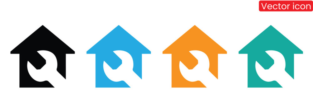 Home repair and maintenance service icons with wrench and house shapes,Home repair icon. Home maintenance service. House restoration. Vector icon isolated on white background.