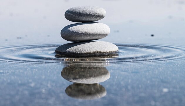 Serene stacked stones create perfect balance on calm water's surface with gentle ripples and soft reflections, evoking tranquility and mindfulness