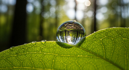 A hyper-realistic macro photograph captures a single, crystal-clear dewdrop perfectly balanced on the edge of a vibrant green leaf. The dewdrop acts as a natural fisheye lens, presenting a crisp,