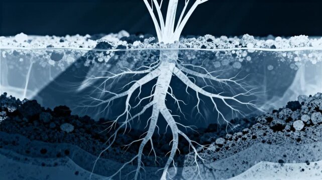 stylized x-ray effect showing root system under soil, perfect for world soil day
