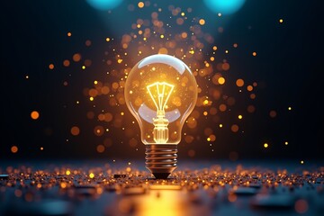 A glowing lightbulb radiates golden sparks against a dark background, symbolizing inspiration and innovation. The scene is magical, with bokeh lights swirling around the bulb as if its sparking new id