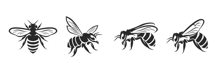Honey Bee Silhouette Vector Set — Black and White Insect Logo Icons